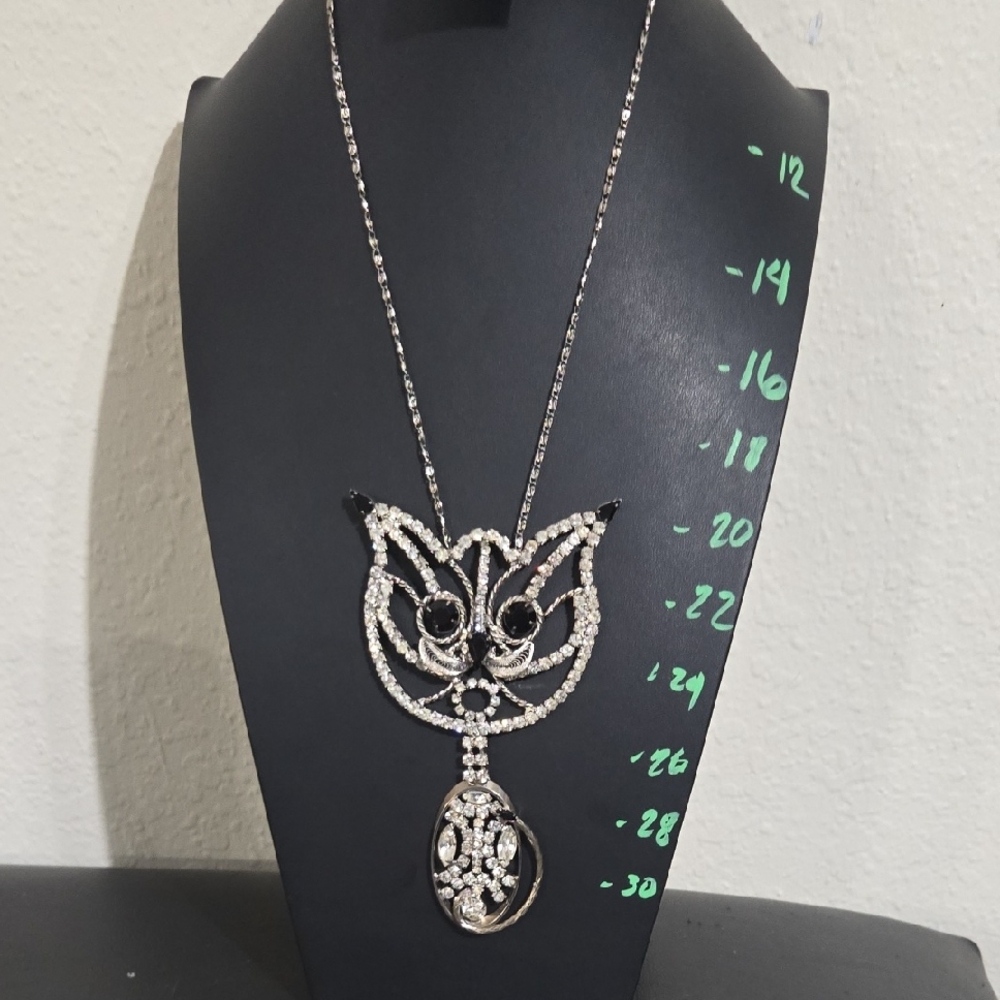 Rare Huge Vintage Unsigned Alice Caviness Rhinestone Cat Necklace
